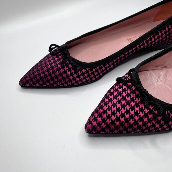PRETTY BALLERINA ELLA BLACK FUCHSIA PINK HOUNDSTOOTH FRONT BOW FLAT SHOES - 9,5 - Picture 6 of 9